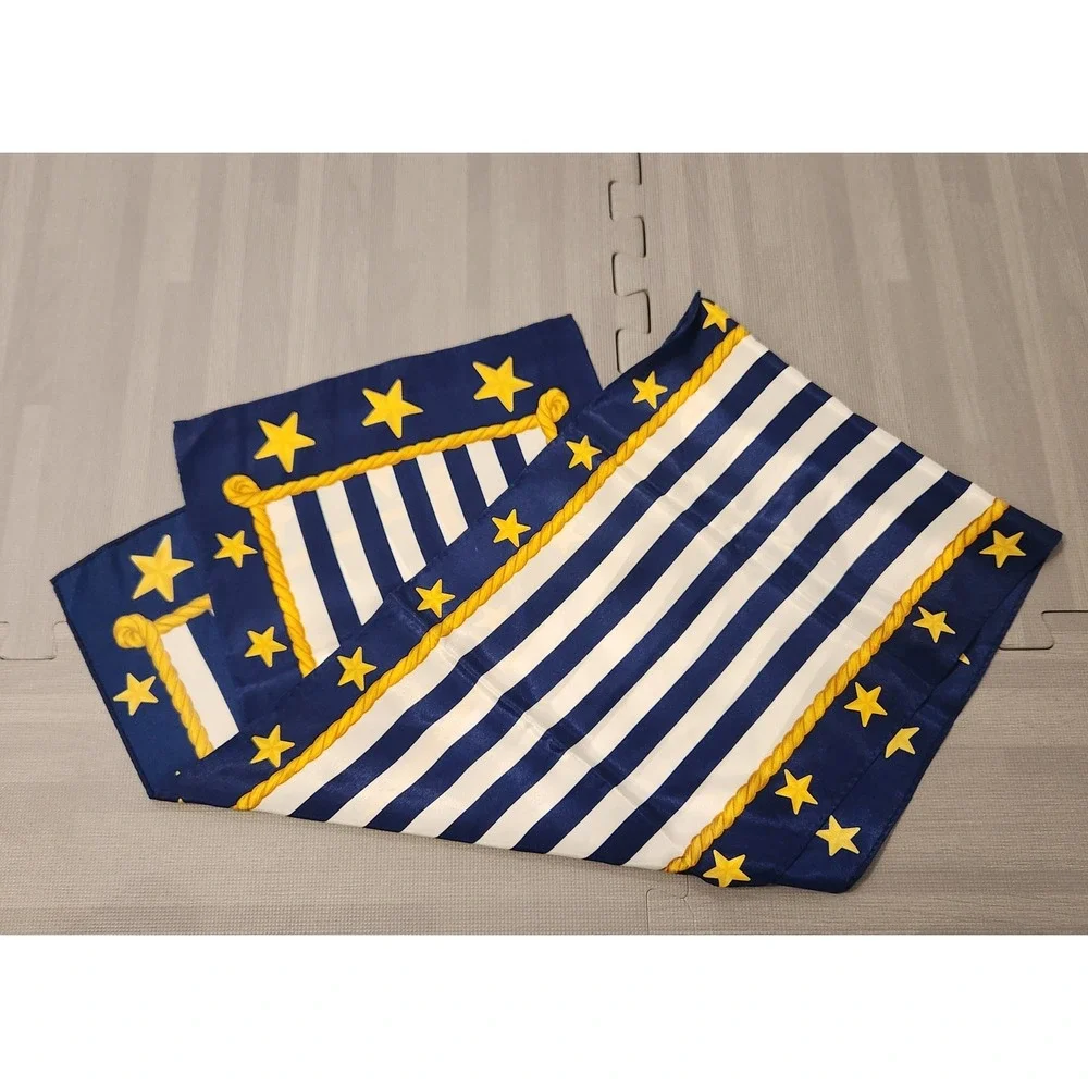 Nautical Americana Silk Scarf Navy‎ Blue White Stripes Yellow Stars Patriotic